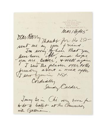 CALDER, ALEXANDER. Small archive of 5 items Signed, to collector Harry Francis Burke: two Autograph Letters * three Autograph Postcards